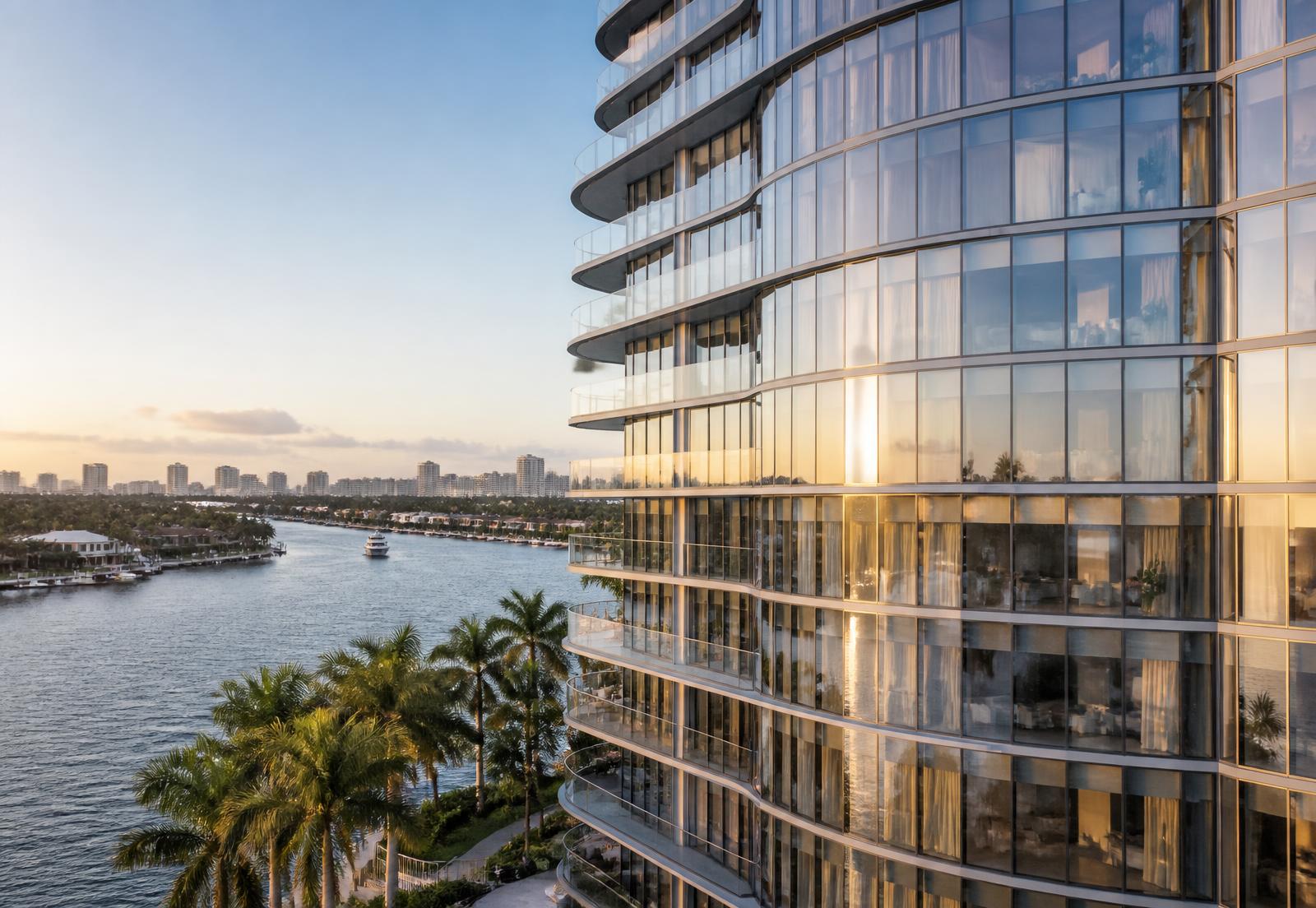 Impact glass curtain wall on a South Florida waterfront high-rise tower