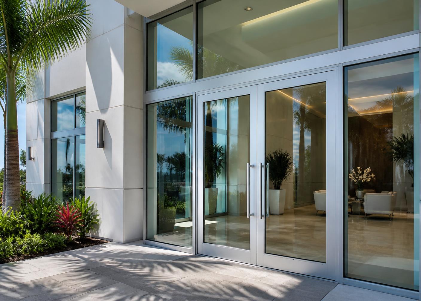Aluminum impact storefront entrance doors at a modern South Florida commercial building